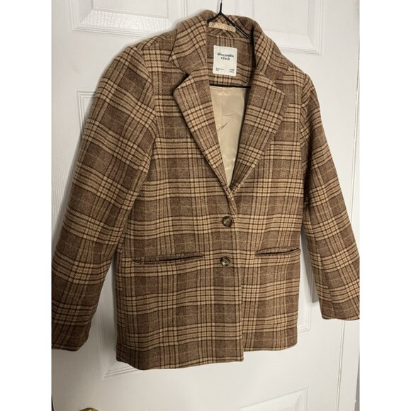 Abercrombie & Fitch Women's XXSP Brown Plaid Dad Coat Jacket Wool-Blend Preppy - Picture 4 of 11